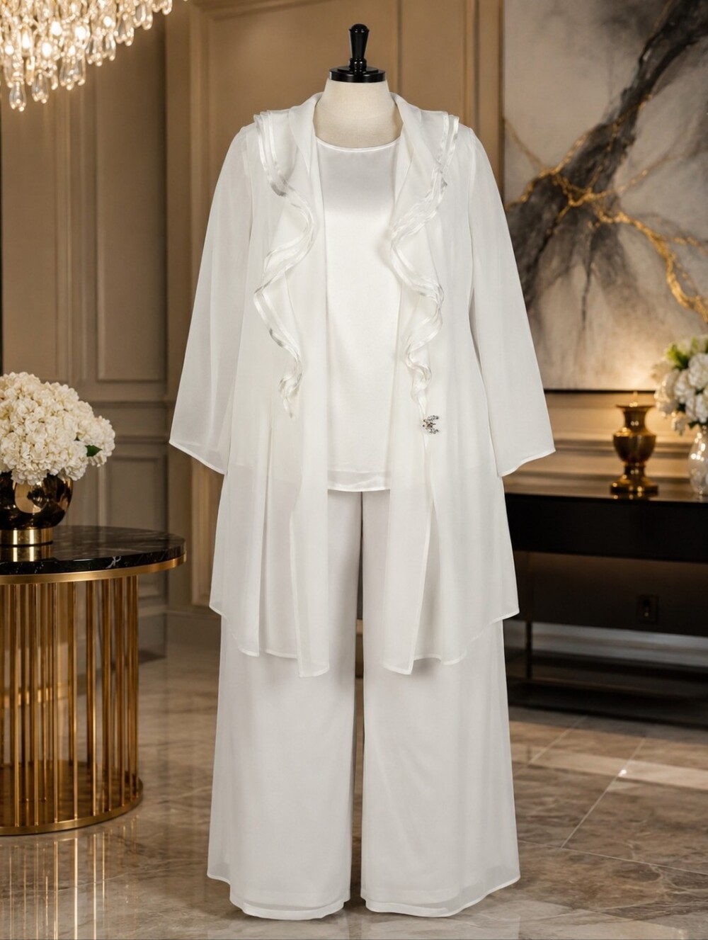 Elegant White Three-Piece Ruffle-Trim Pant Set